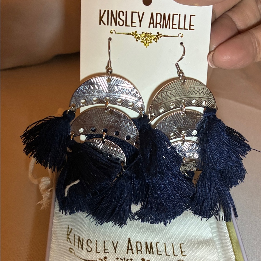 Kinsley Armelle Silver and Dark Blue Tassel Earrings